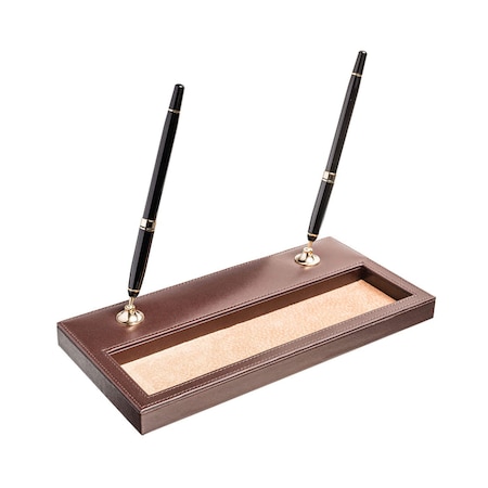 Dacasso Chocolate Brown Leather Double Pen Stand with Gold Accents AG-3404